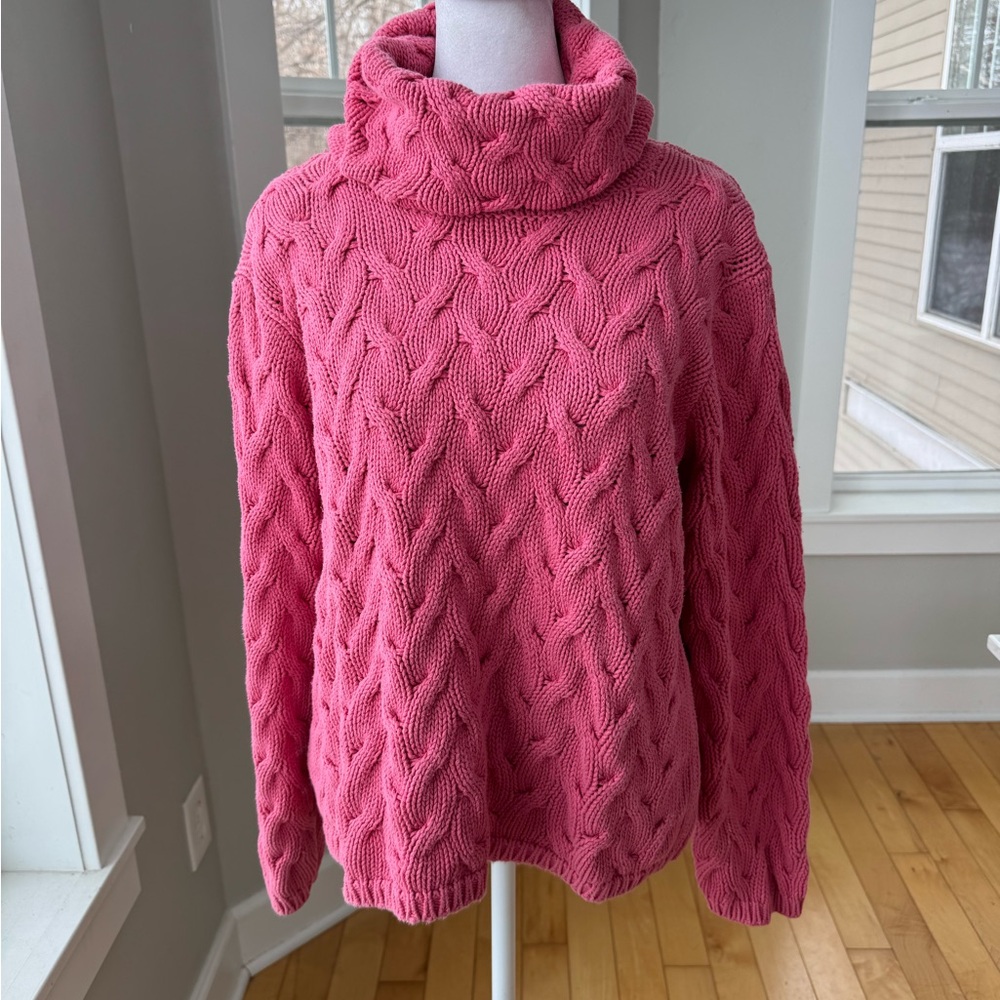 Vintage 90s Wainscott Rose Pink Cable Knit Cotton Turtleneck Sweater Sz Medium